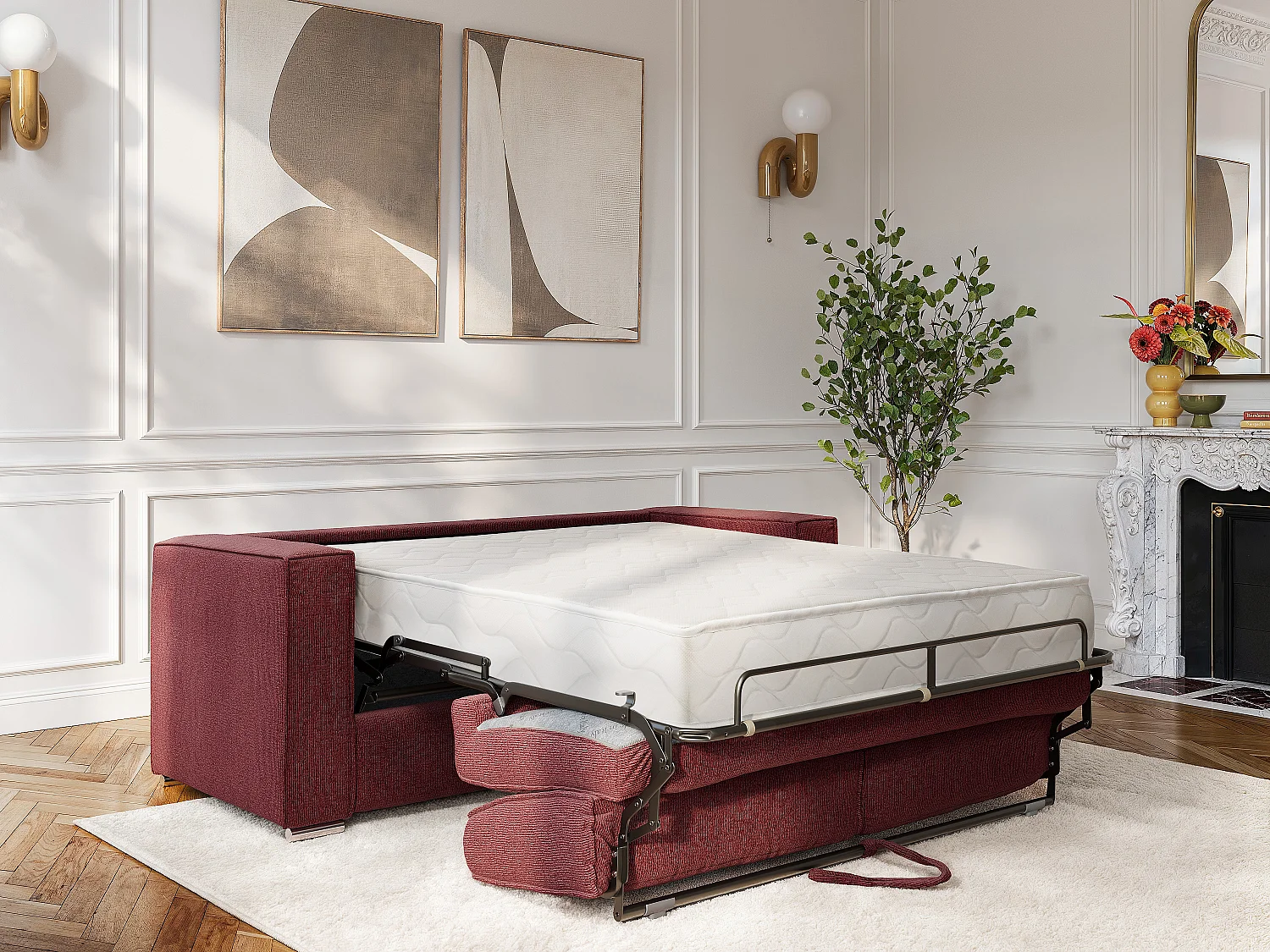 Sofá cama de 3 plazas exprés en chenilla burdeos - Somier de lamas anchas 140 cm - Colchón 22 cm viscoelástico  LORETO