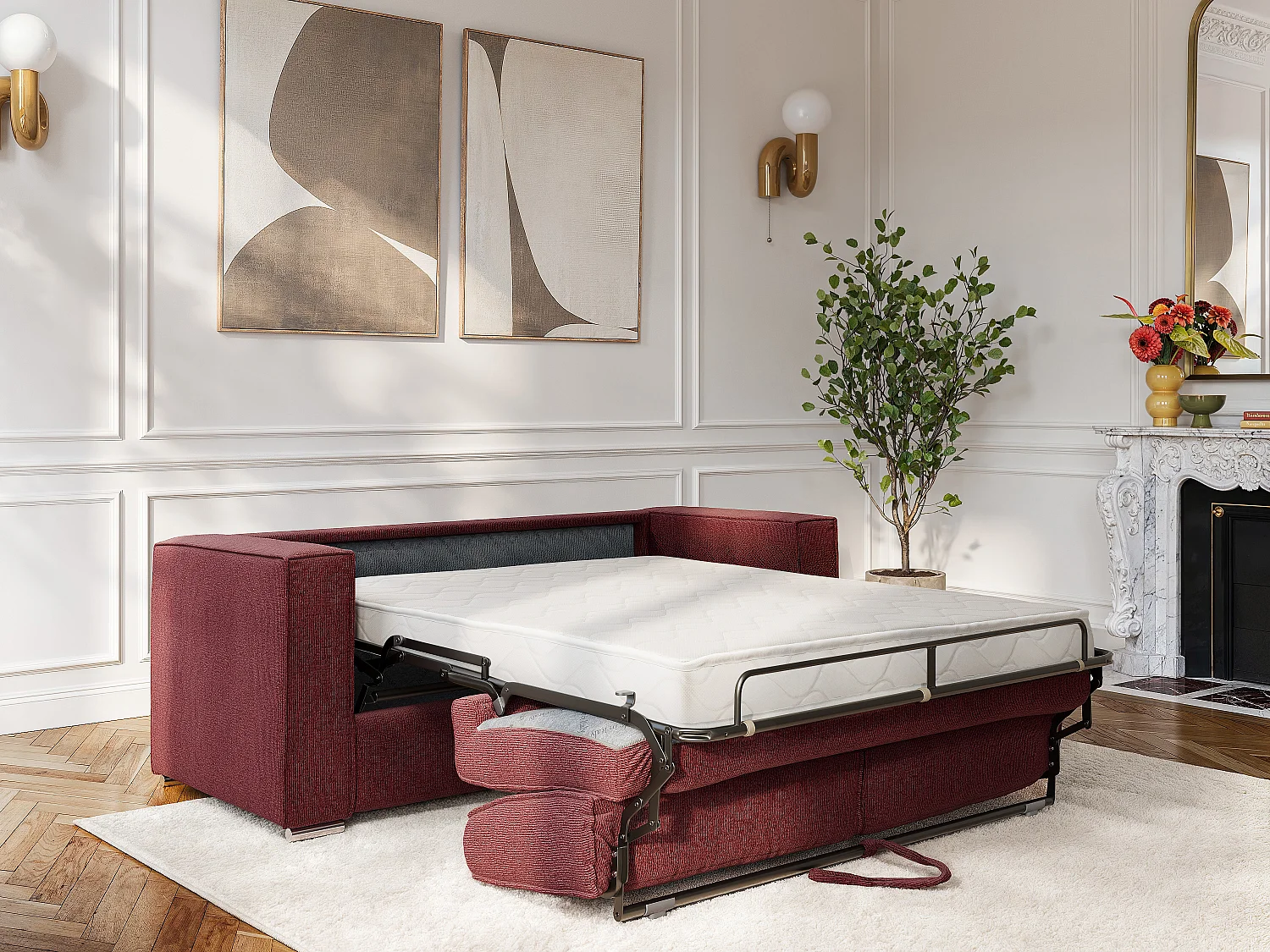 Express-vierzitsslaapbank in bordeauxrode  chenille stof - Slaapoppervlak met brede latten 160 cm - Matras 14 cm LORETO