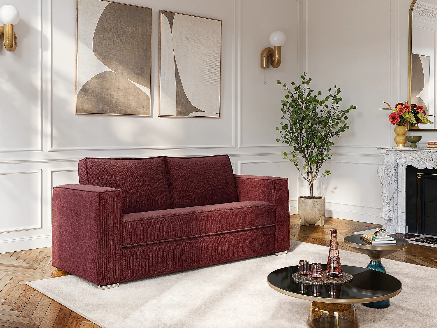 Express-vierzitsslaapbank in bordeauxrode chenille stof -  Slaapoppervlak met brede latten 160 cm - Matras 22 cm met traagschuim LORETO