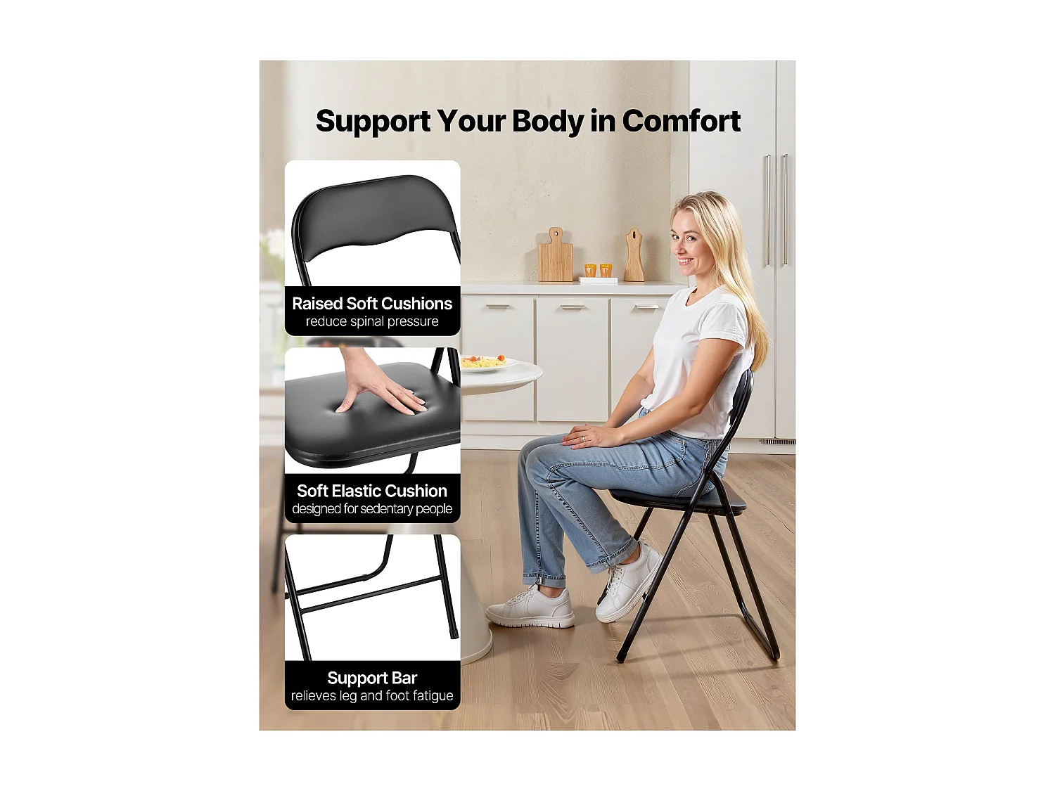 Opvouwbare Stoelen Draagbaar SucceBuy Set van 4, Eetkamerstoelen van Kunstleer met Metal Frame en Gepolst Zitvlak, Stapelbare Zitplaatsen