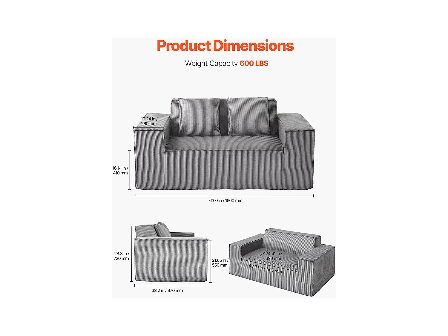 Canapé 2 Places SucceBuy 160cm, Canapé Moderne en Velours Côtelé avec Ressorts Ensachés, Coussins Confortables pour Salon, Bureau ou Appartement, Gris