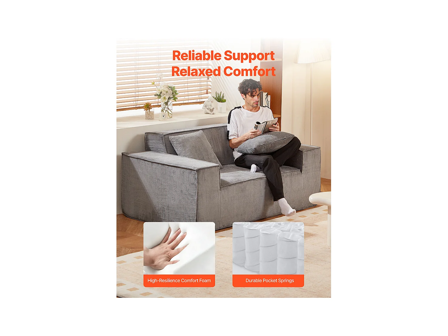 Canapé 2 Places SucceBuy 160cm, Canapé Moderne en Velours Côtelé avec Ressorts Ensachés, Coussins Confortables pour Salon, Bureau ou Appartement, Gris