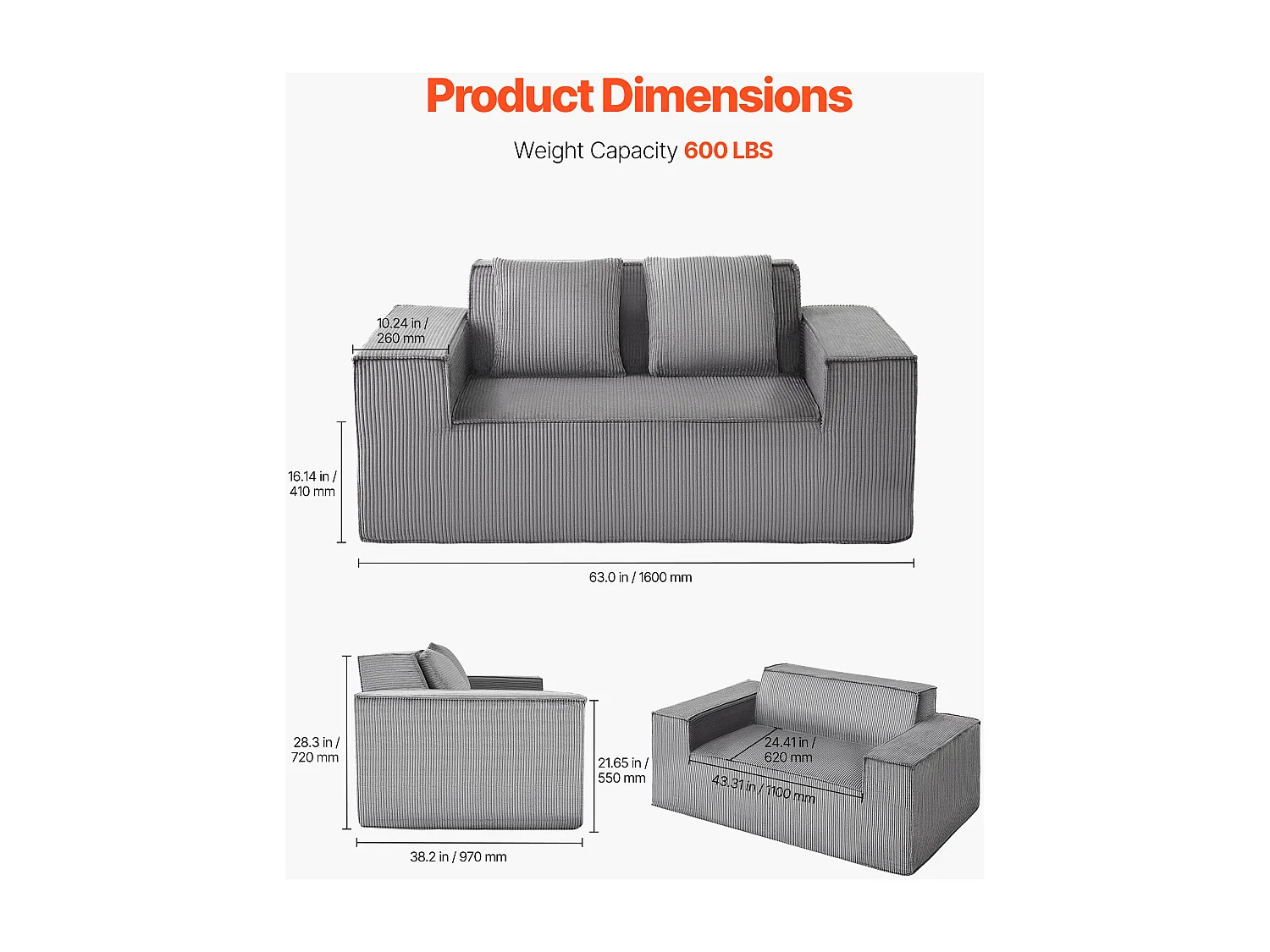 Canapé 2 Places SucceBuy 160cm, Canapé Moderne en Velours Côtelé avec Ressorts Ensachés, Coussins Confortables pour Salon, Bureau ou Appartement, Gris