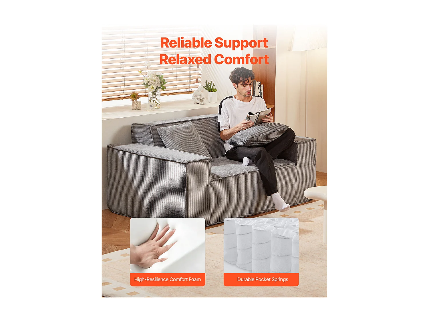 Canapé 2 Places SucceBuy 160cm, Canapé Moderne en Velours Côtelé avec Ressorts Ensachés, Coussins Confortables pour Salon, Bureau ou Appartement, Gris