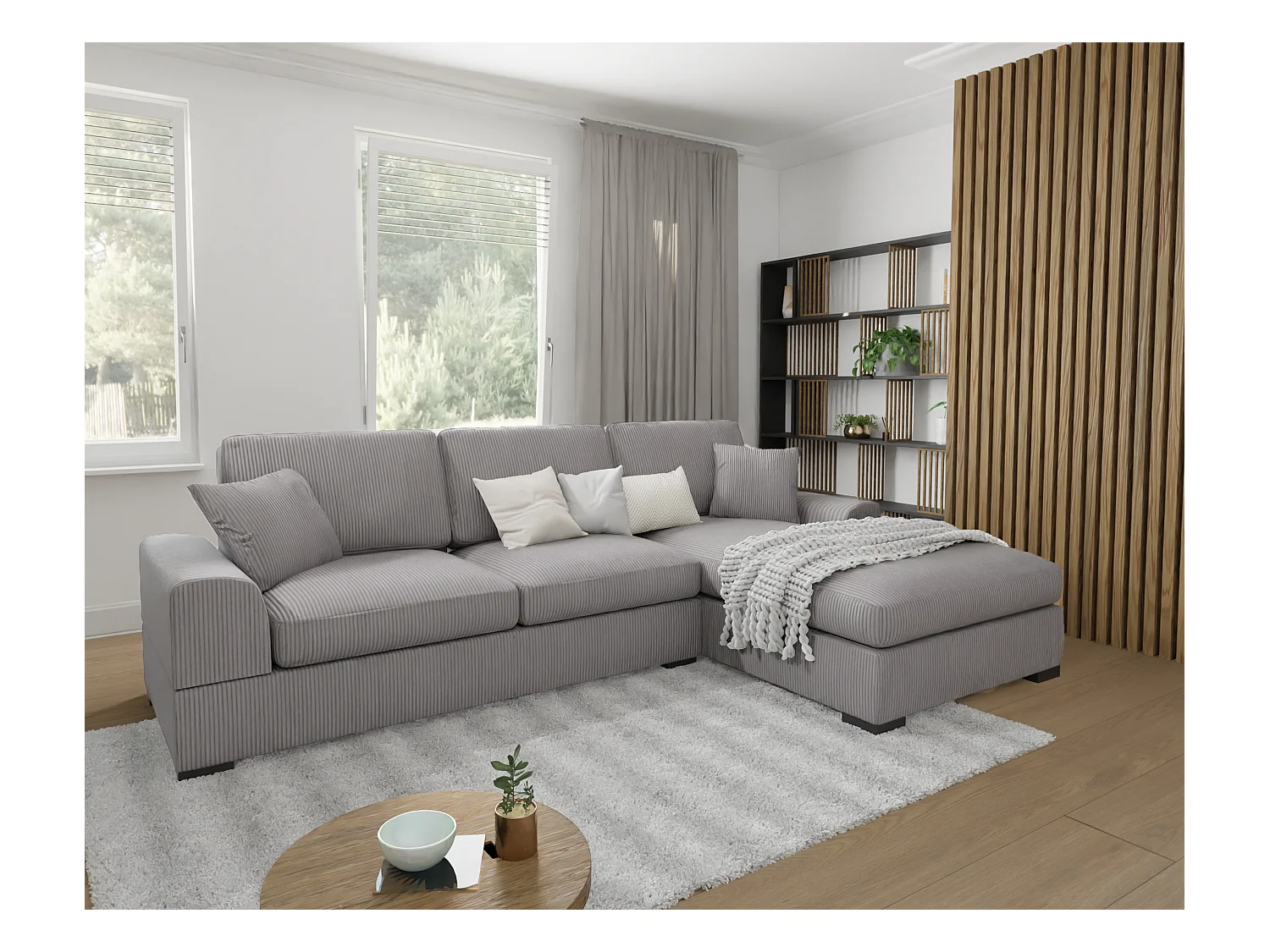 Canapé d’angle avec fonction lit en tissu côtelé gris clair, offrant un confort d’assise agréable, avec pieds en bois noir INGA