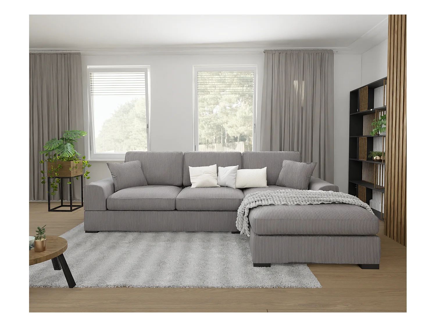 Canapé d’angle avec fonction lit en tissu côtelé gris clair, offrant un confort d’assise agréable, avec pieds en bois noir INGA