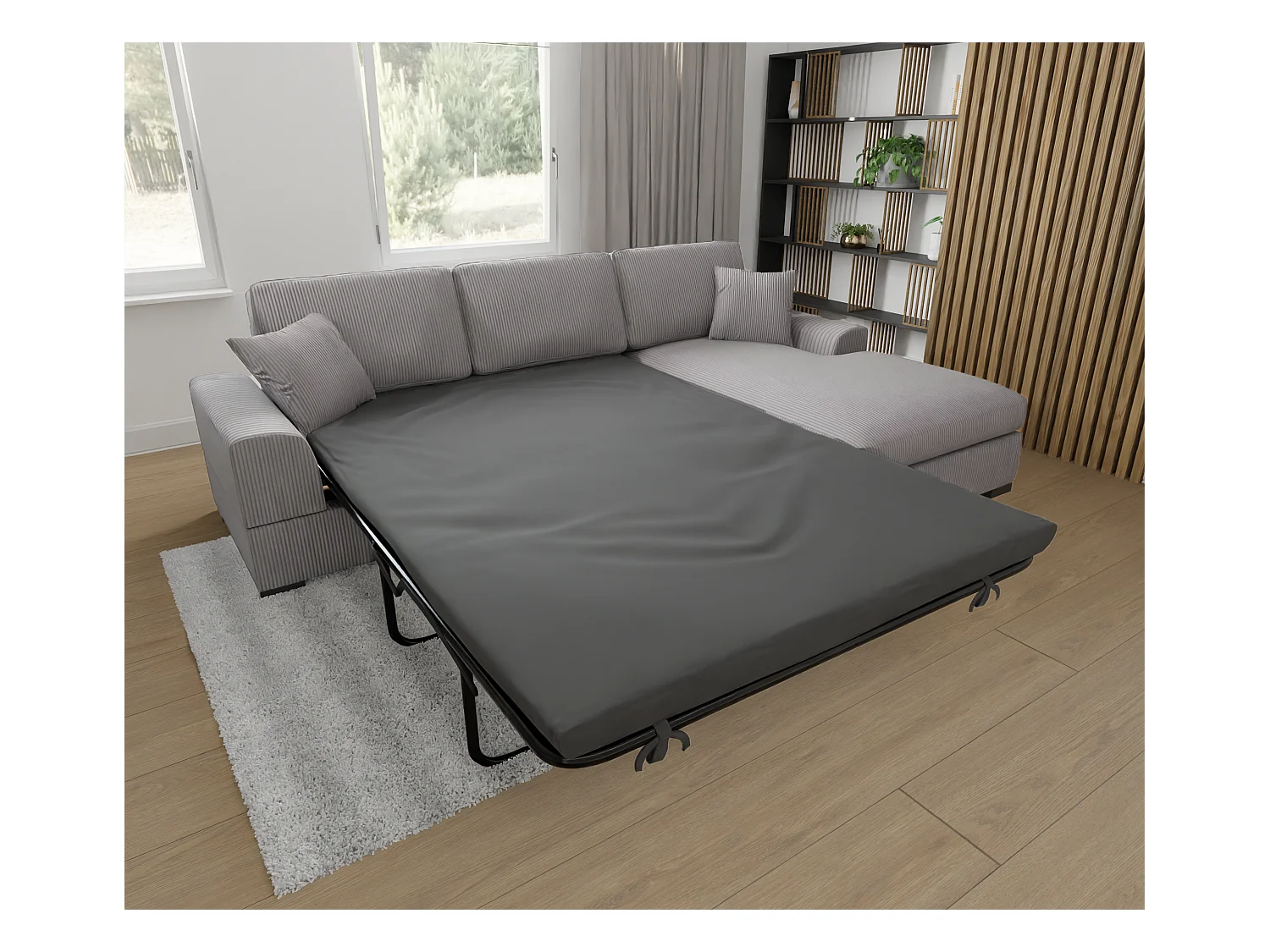 Canapé d’angle avec fonction lit en tissu côtelé gris clair, offrant un confort d’assise agréable, avec pieds en bois noir INGA