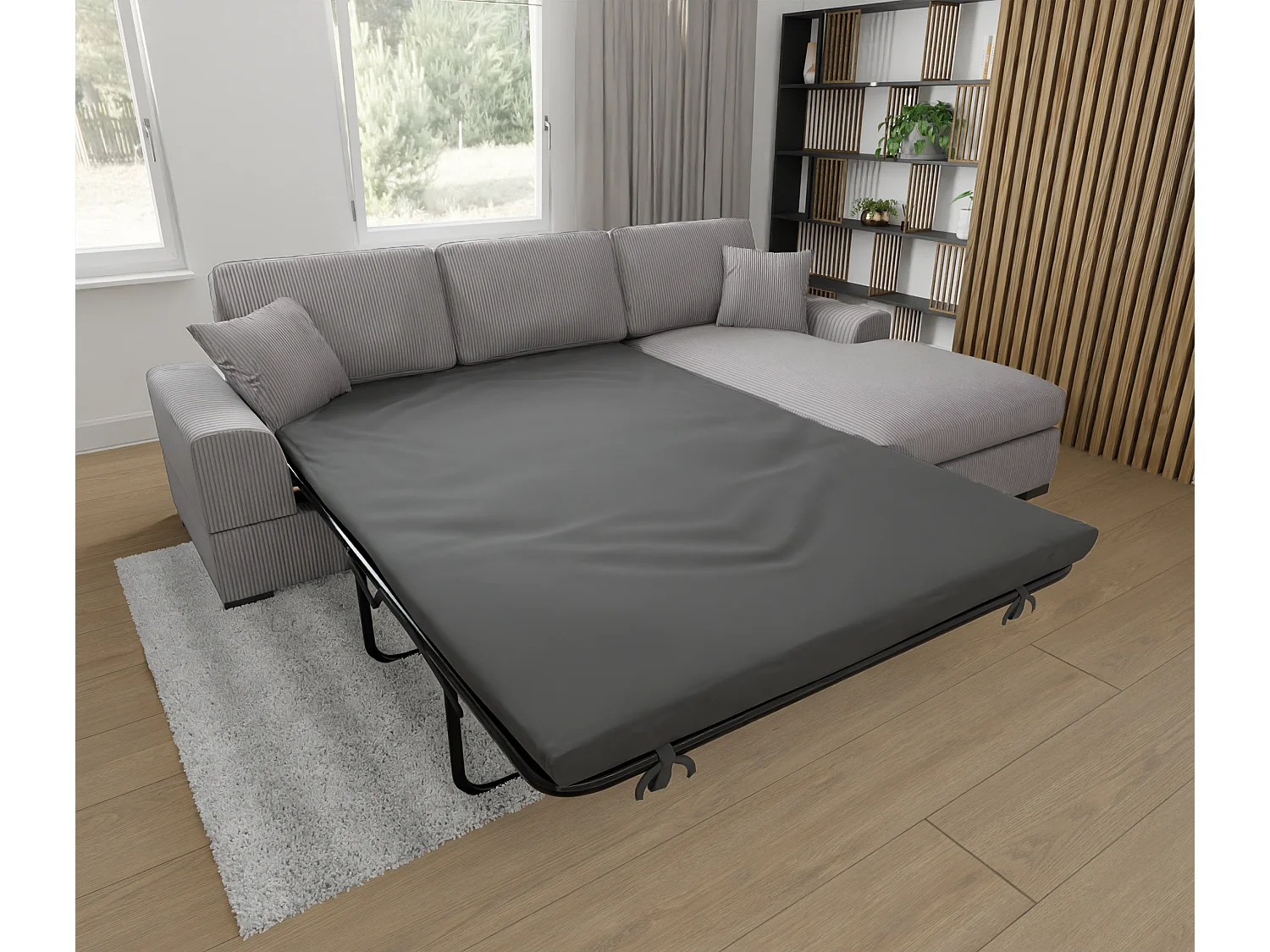 Canapé d’angle avec fonction lit en tissu côtelé gris clair, offrant un confort d’assise agréable, avec pieds en bois noir INGA