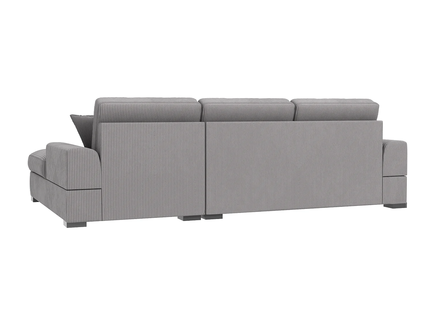 Canapé d’angle avec fonction lit en tissu côtelé gris clair, offrant un confort d’assise agréable, avec pieds en bois noir INGA