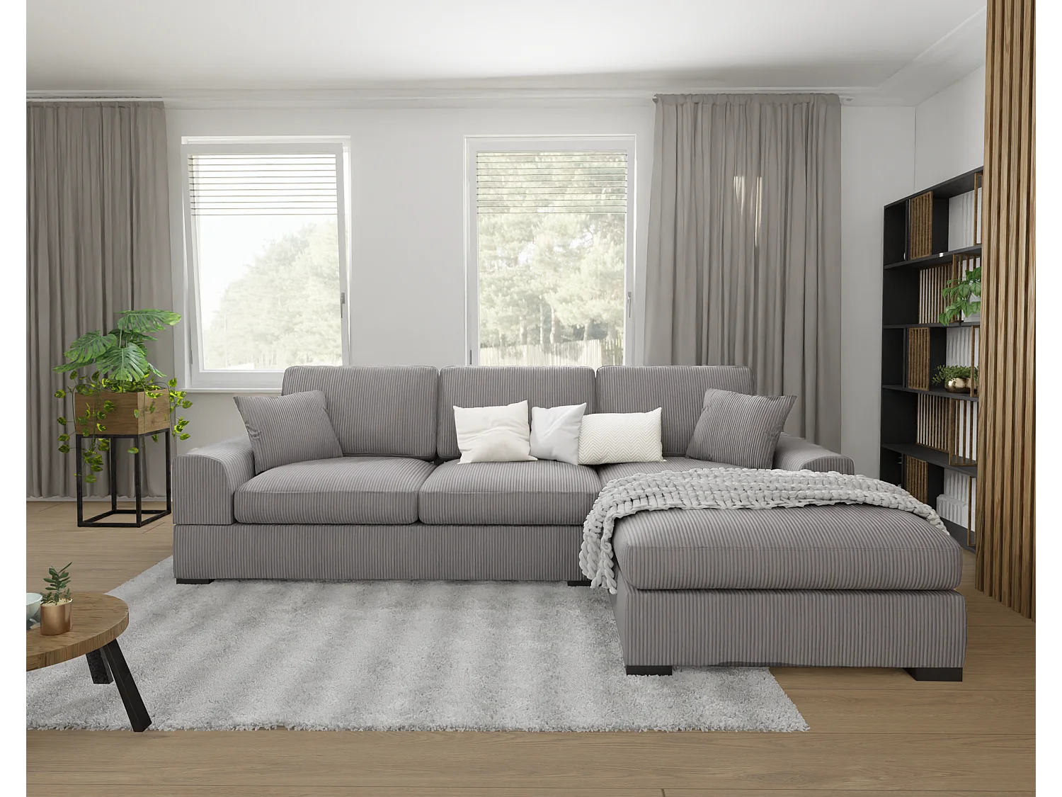 Canapé d’angle avec fonction lit en tissu côtelé gris clair, offrant un confort d’assise agréable, avec pieds en bois noir INGA