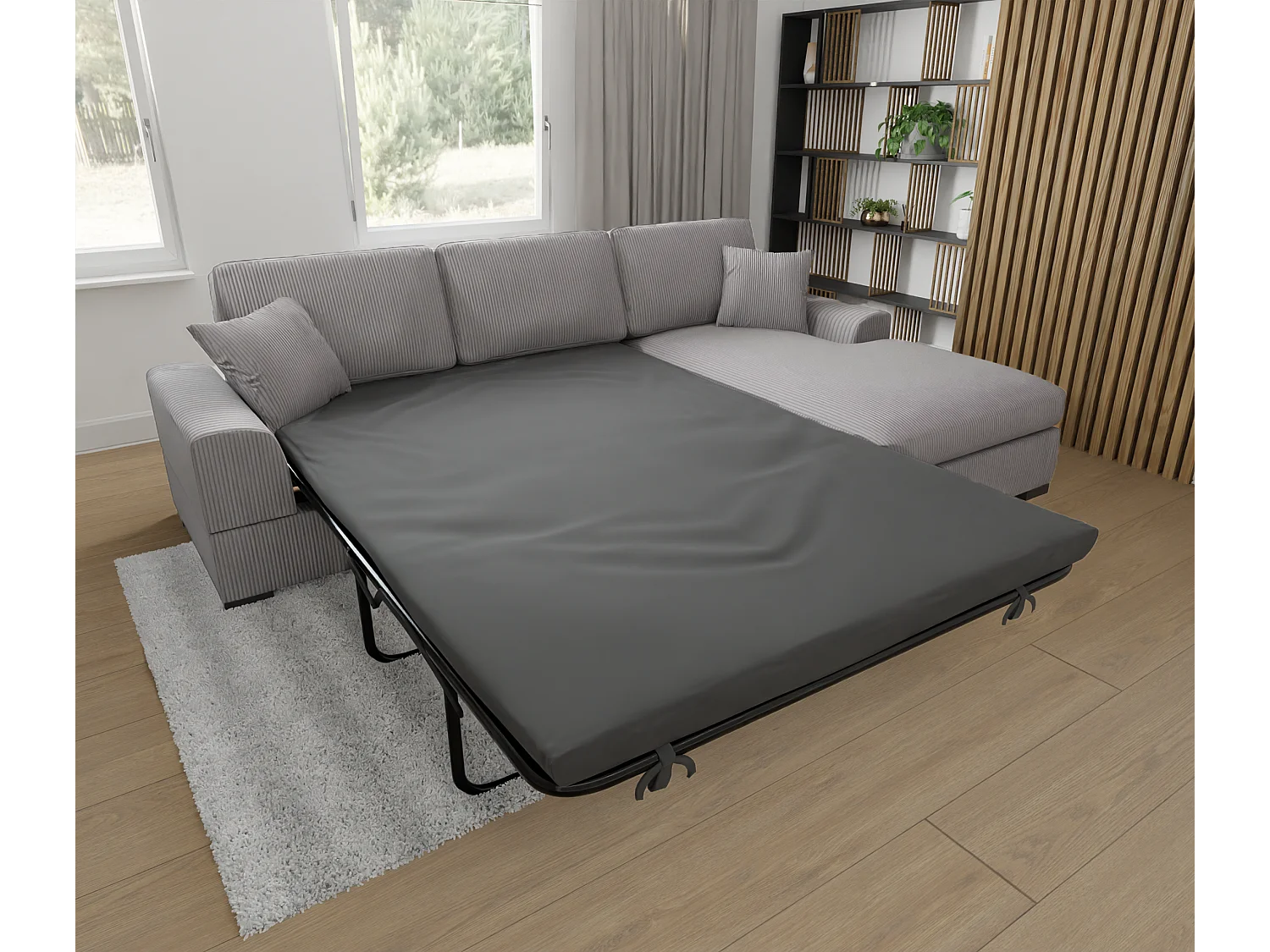 Canapé d’angle avec fonction lit en tissu côtelé gris clair, offrant un confort d’assise agréable, avec pieds en bois noir INGA