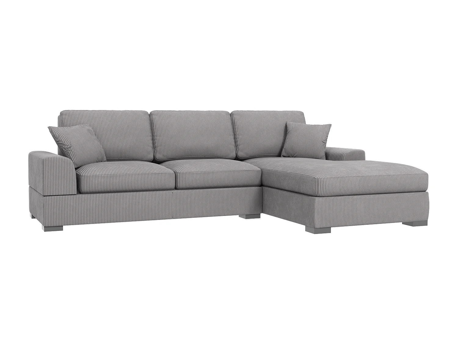 Canapé d’angle avec fonction lit en tissu côtelé gris clair, offrant un confort d’assise agréable, avec pieds en bois noir INGA