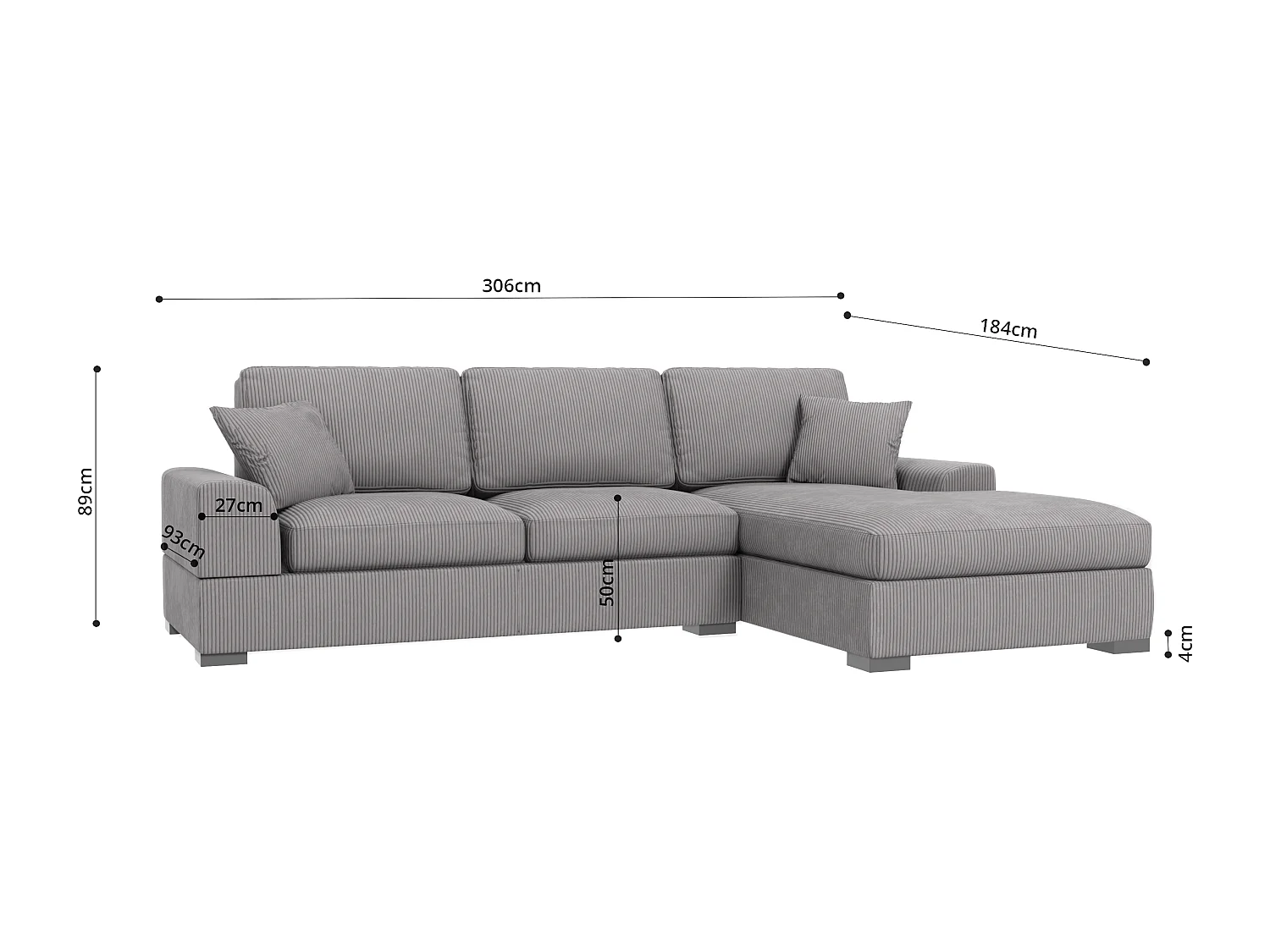 Canapé d’angle avec fonction lit en tissu côtelé gris clair, offrant un confort d’assise agréable, avec pieds en bois noir INGA