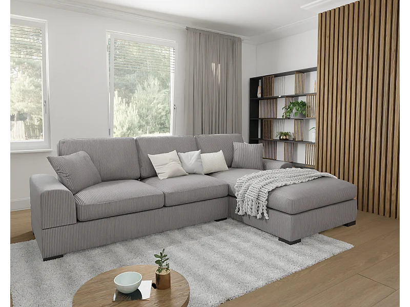 Canapé d’angle avec fonction lit en tissu côtelé gris clair, offrant un confort d’assise agréable, avec pieds en bois noir INGA