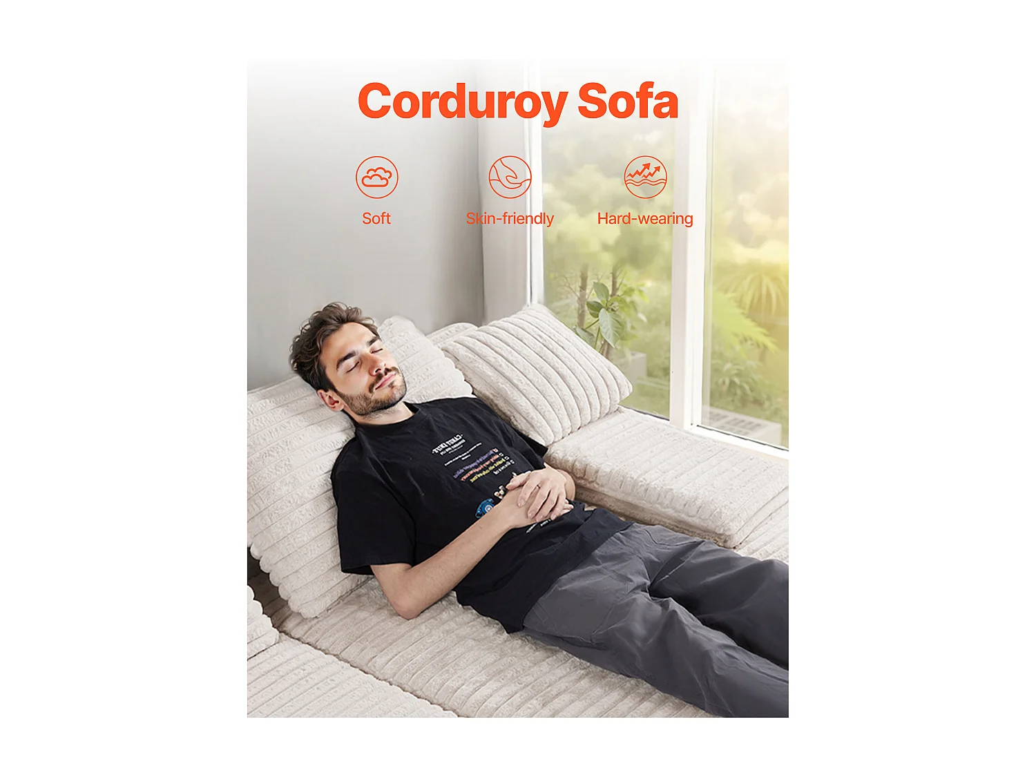Sofá SucceBuy Chaise Longue Doble Extra Grande de 210 cm, Sofá Seccional en Pana, Sofá de Esquina Cómodo con Asiento Profundo y Cojines Mimosos