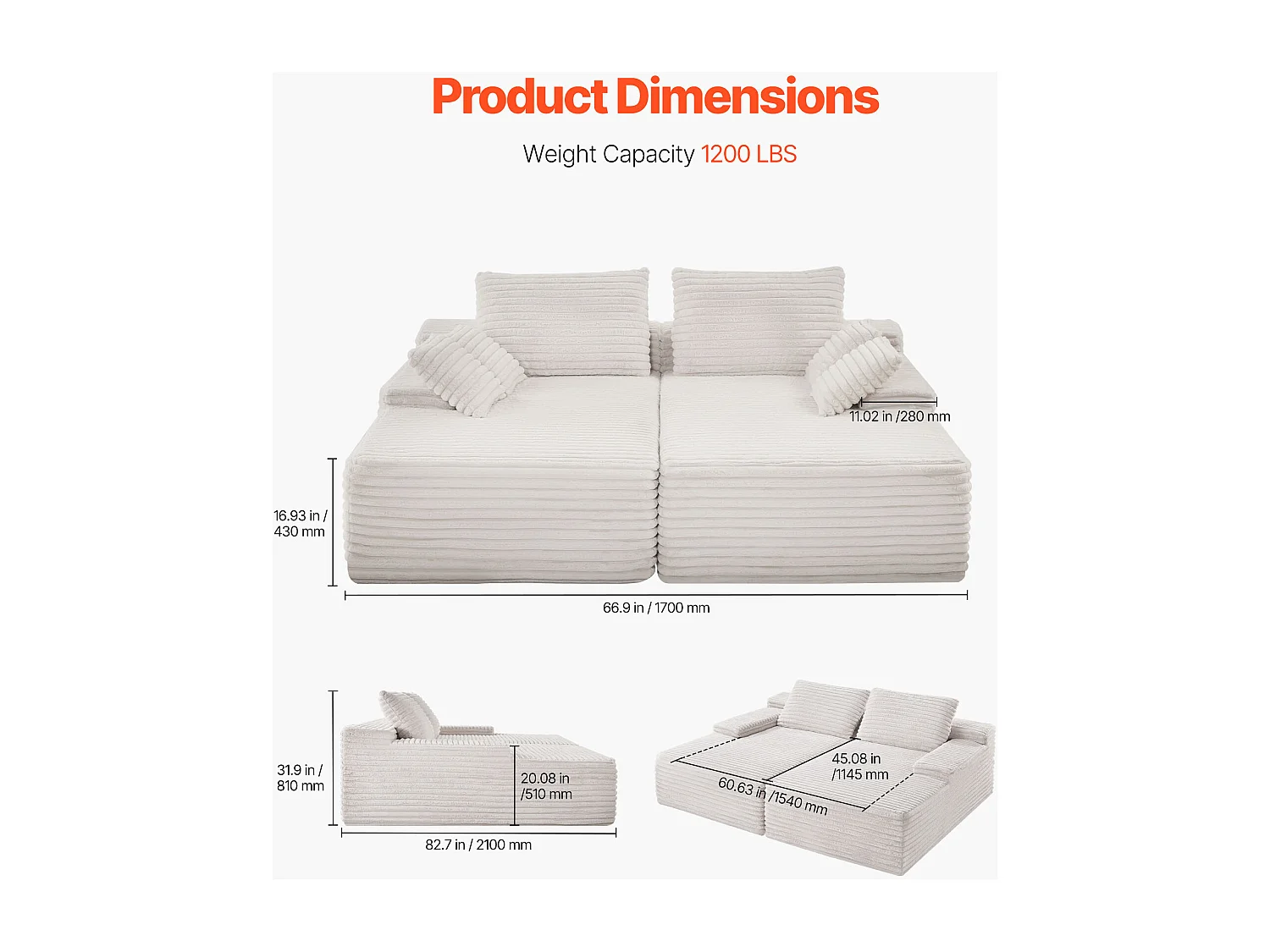 Sofá SucceBuy Chaise Longue Doble Extra Grande de 210 cm, Sofá Seccional en Pana, Sofá de Esquina Cómodo con Asiento Profundo y Cojines Mimosos