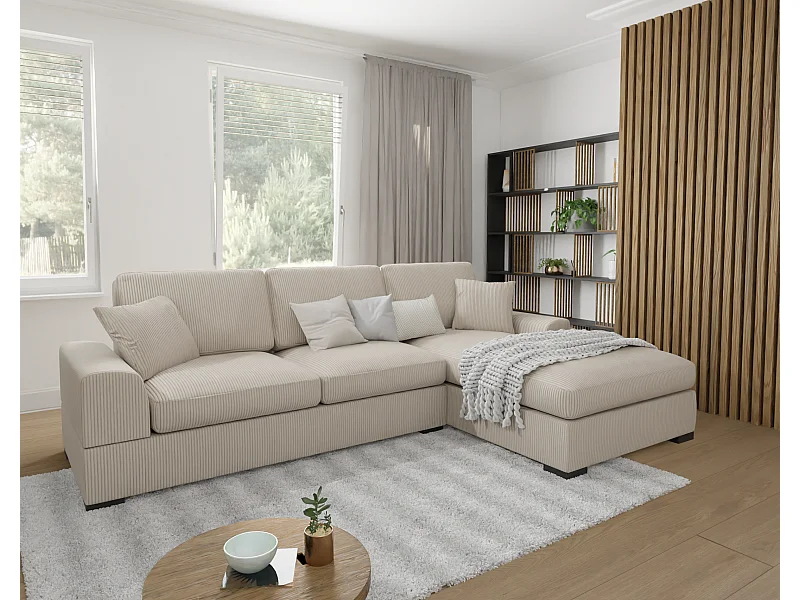 Canapé d’angle avec fonction lit en tissu côtelé beige, offrant un confort d’assise agréable, avec pieds en bois noir INGA