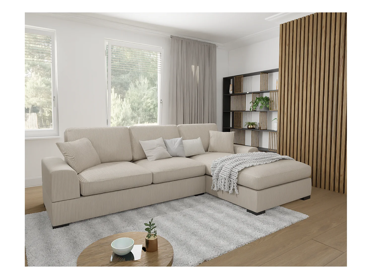 Canapé d’angle avec fonction lit en tissu côtelé beige, offrant un confort d’assise agréable, avec pieds en bois noir INGA