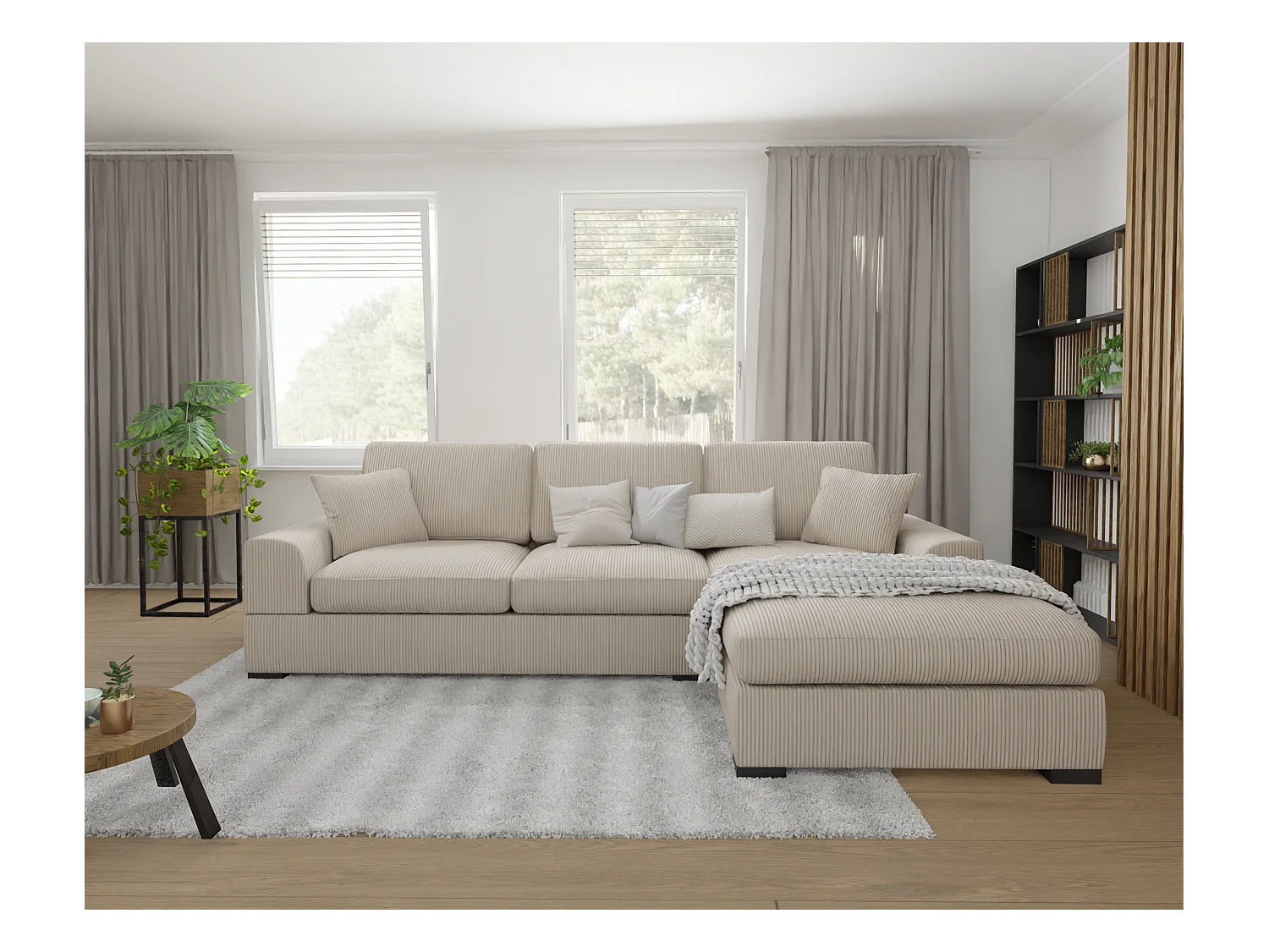 Canapé d’angle avec fonction lit en tissu côtelé beige, offrant un confort d’assise agréable, avec pieds en bois noir INGA