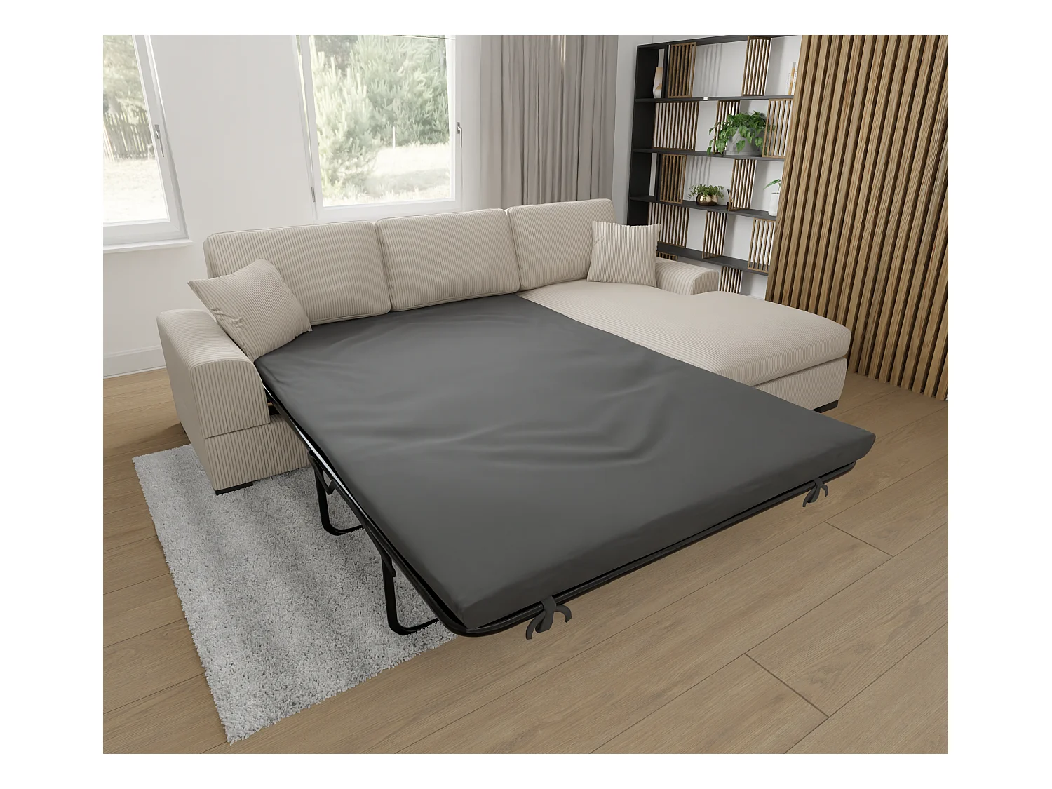 Canapé d’angle avec fonction lit en tissu côtelé beige, offrant un confort d’assise agréable, avec pieds en bois noir INGA