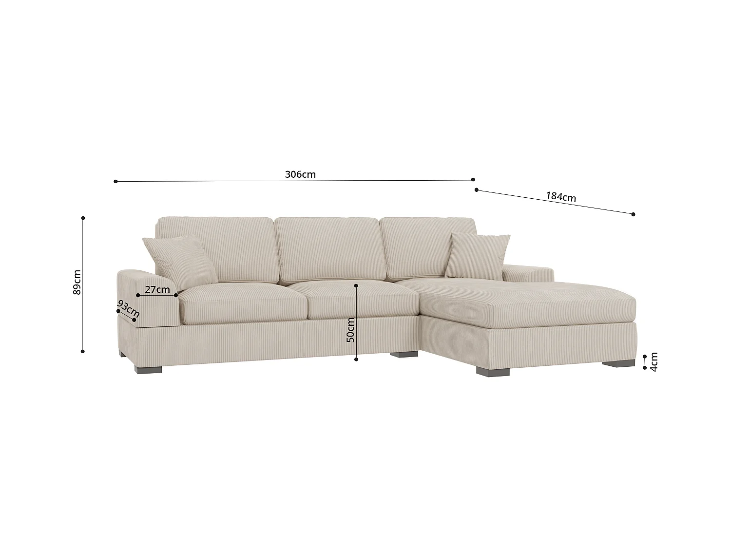 Canapé d’angle avec fonction lit en tissu côtelé beige, offrant un confort d’assise agréable, avec pieds en bois noir INGA