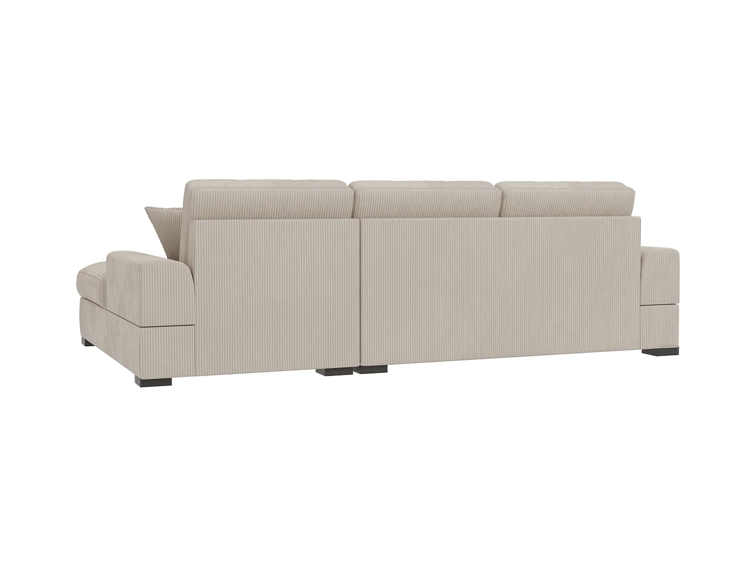 Canapé d’angle avec fonction lit en tissu côtelé beige, offrant un confort d’assise agréable, avec pieds en bois noir INGA