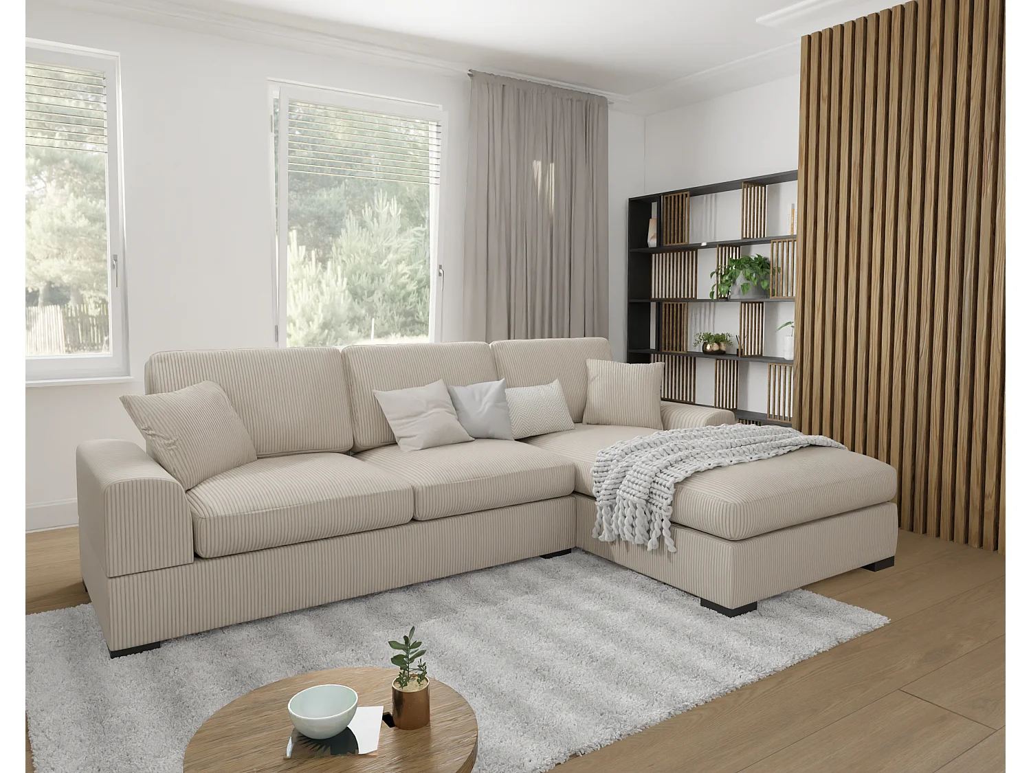 Canapé d’angle avec fonction lit en tissu côtelé beige, offrant un confort d’assise agréable, avec pieds en bois noir INGA