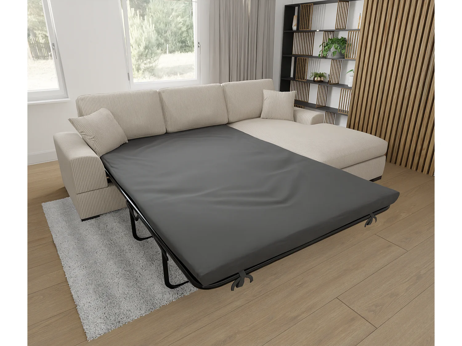 Canapé d’angle avec fonction lit en tissu côtelé beige, offrant un confort d’assise agréable, avec pieds en bois noir INGA