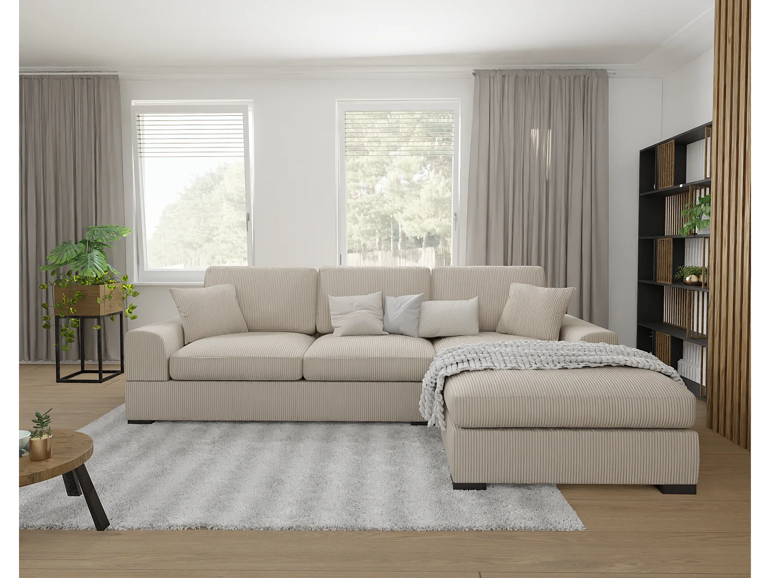 Canapé d’angle avec fonction lit en tissu côtelé beige, offrant un confort d’assise agréable, avec pieds en bois noir INGA