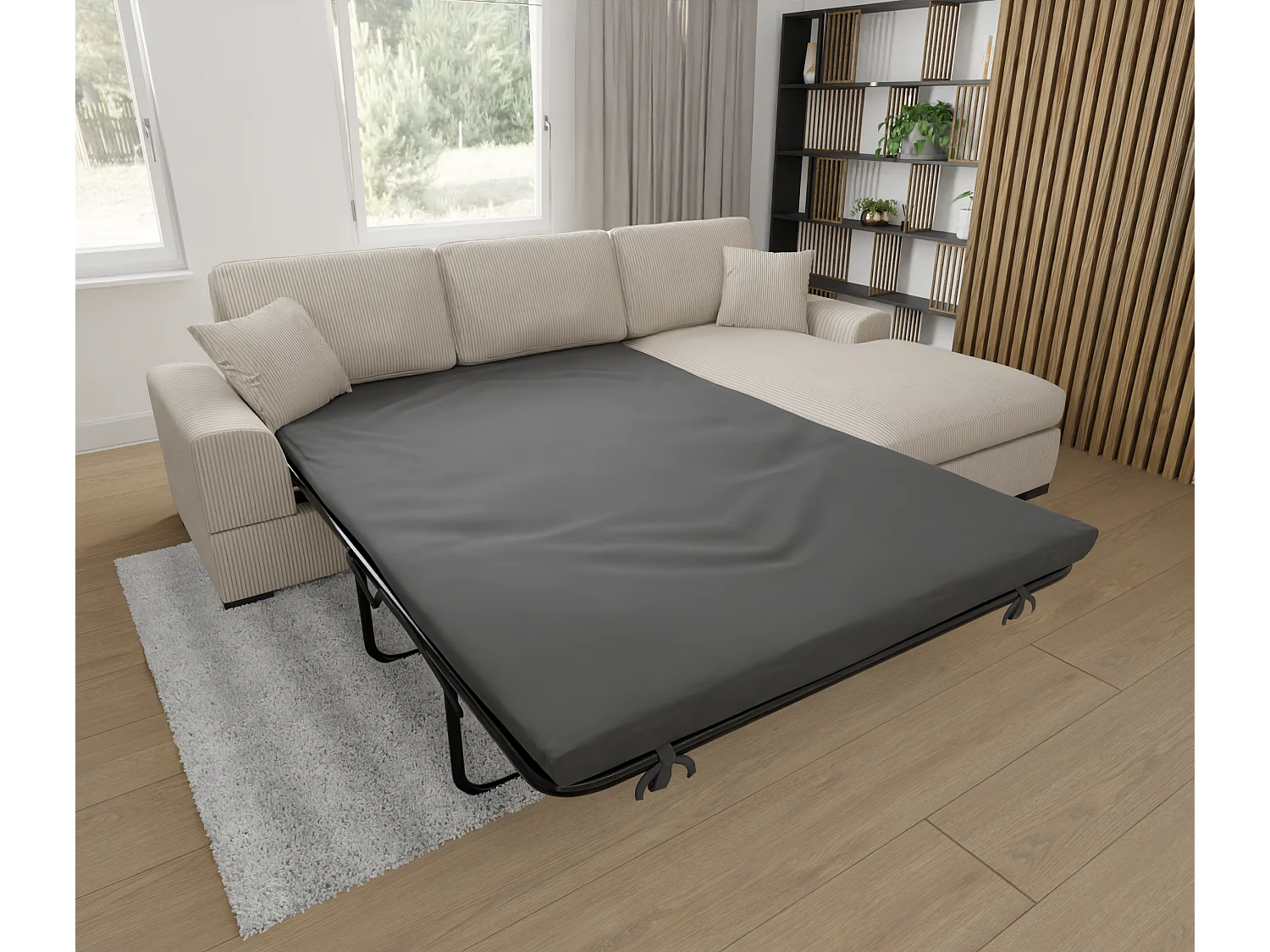 Canapé d’angle avec fonction lit en tissu côtelé beige, offrant un confort d’assise agréable, avec pieds en bois noir INGA