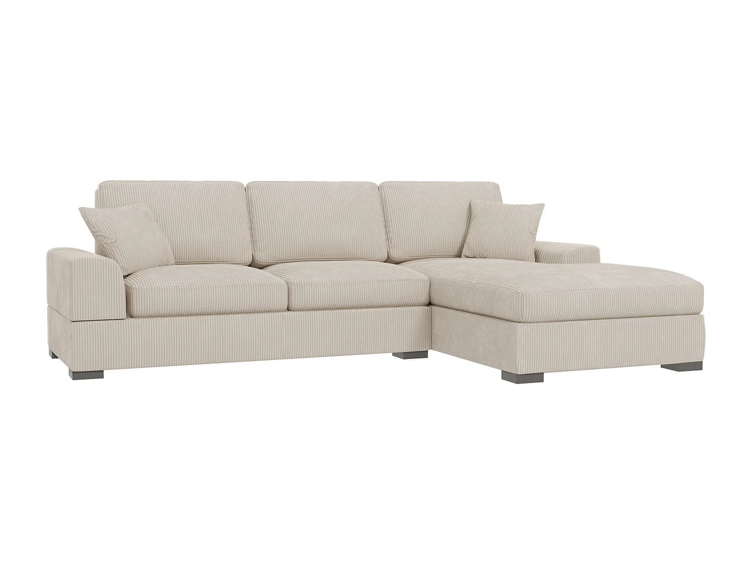 Canapé d’angle avec fonction lit en tissu côtelé beige, offrant un confort d’assise agréable, avec pieds en bois noir INGA