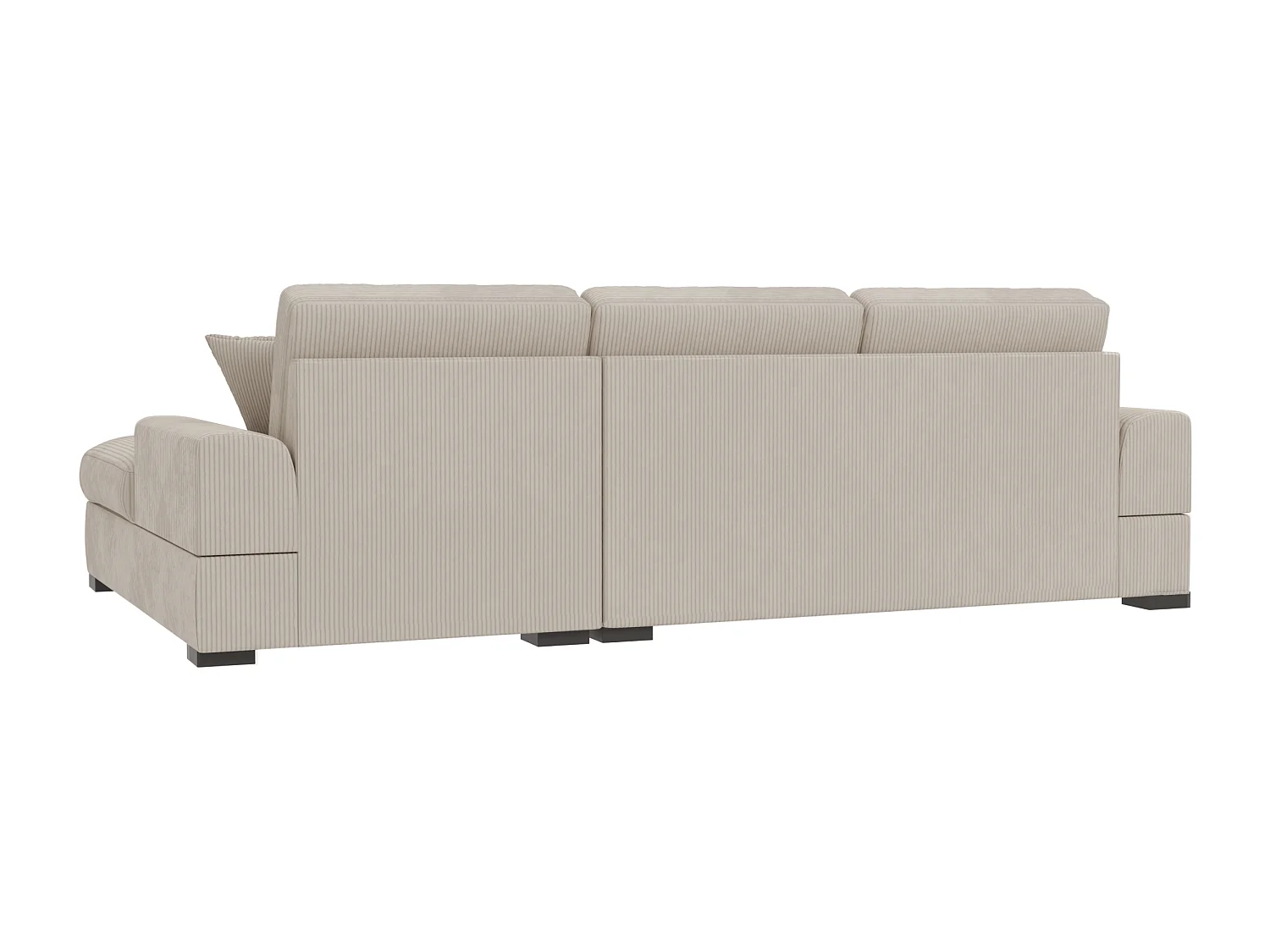 Canapé d’angle avec fonction lit en tissu côtelé beige, offrant un confort d’assise agréable, avec pieds en bois noir INGA