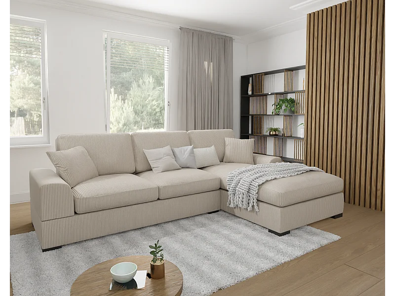 Canapé d’angle avec fonction lit en tissu côtelé beige, offrant un confort d’assise agréable, avec pieds en bois noir INGA