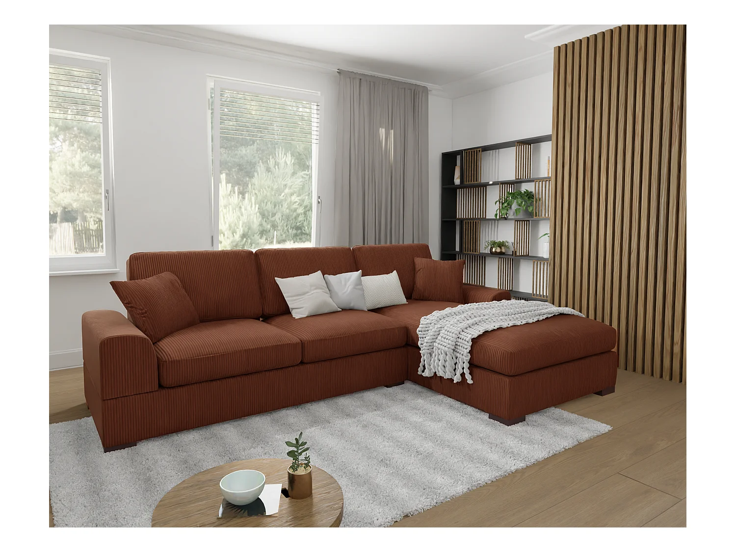 Canapé d’angle avec fonction lit en tissu côtelé terracotta, offrant un confort d’assise agréable, avec pieds en bois noir INGA