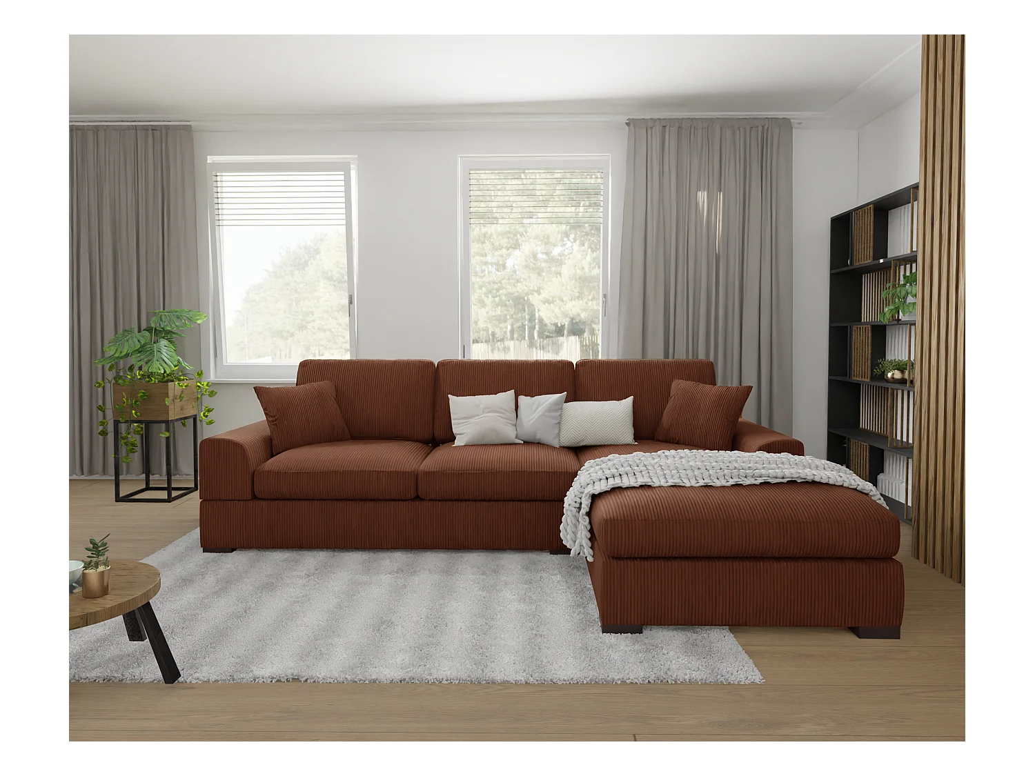 Canapé d’angle avec fonction lit en tissu côtelé terracotta, offrant un confort d’assise agréable, avec pieds en bois noir INGA