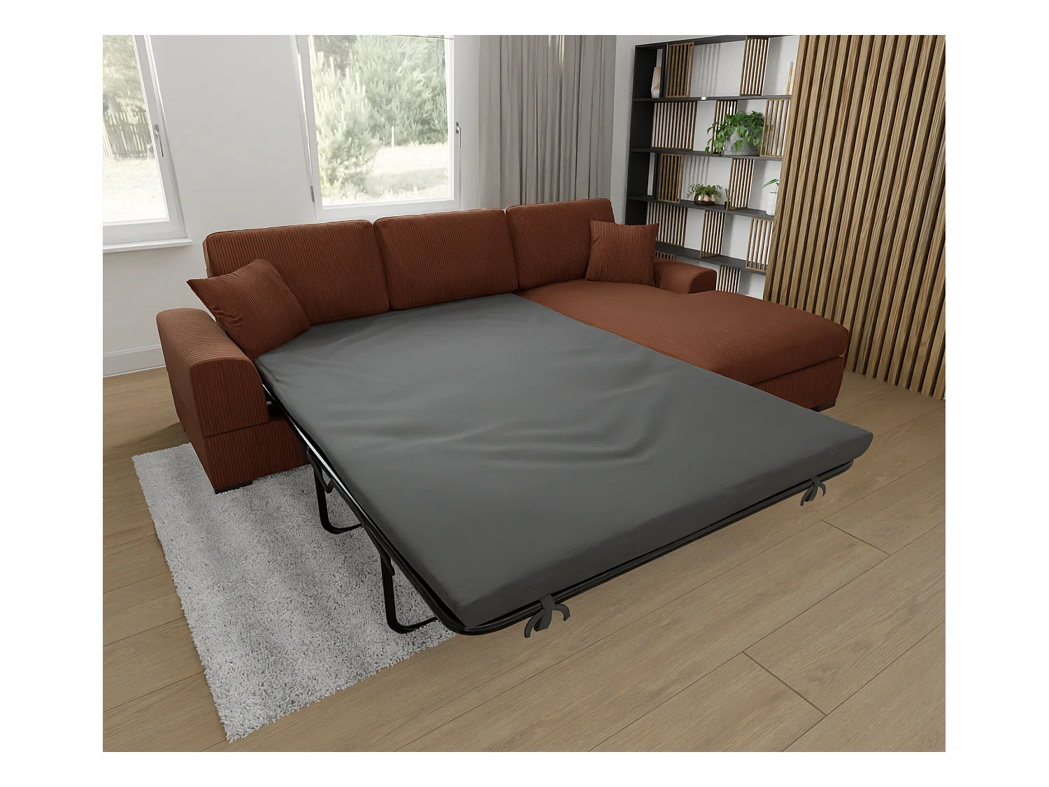 Canapé d’angle avec fonction lit en tissu côtelé terracotta, offrant un confort d’assise agréable, avec pieds en bois noir INGA