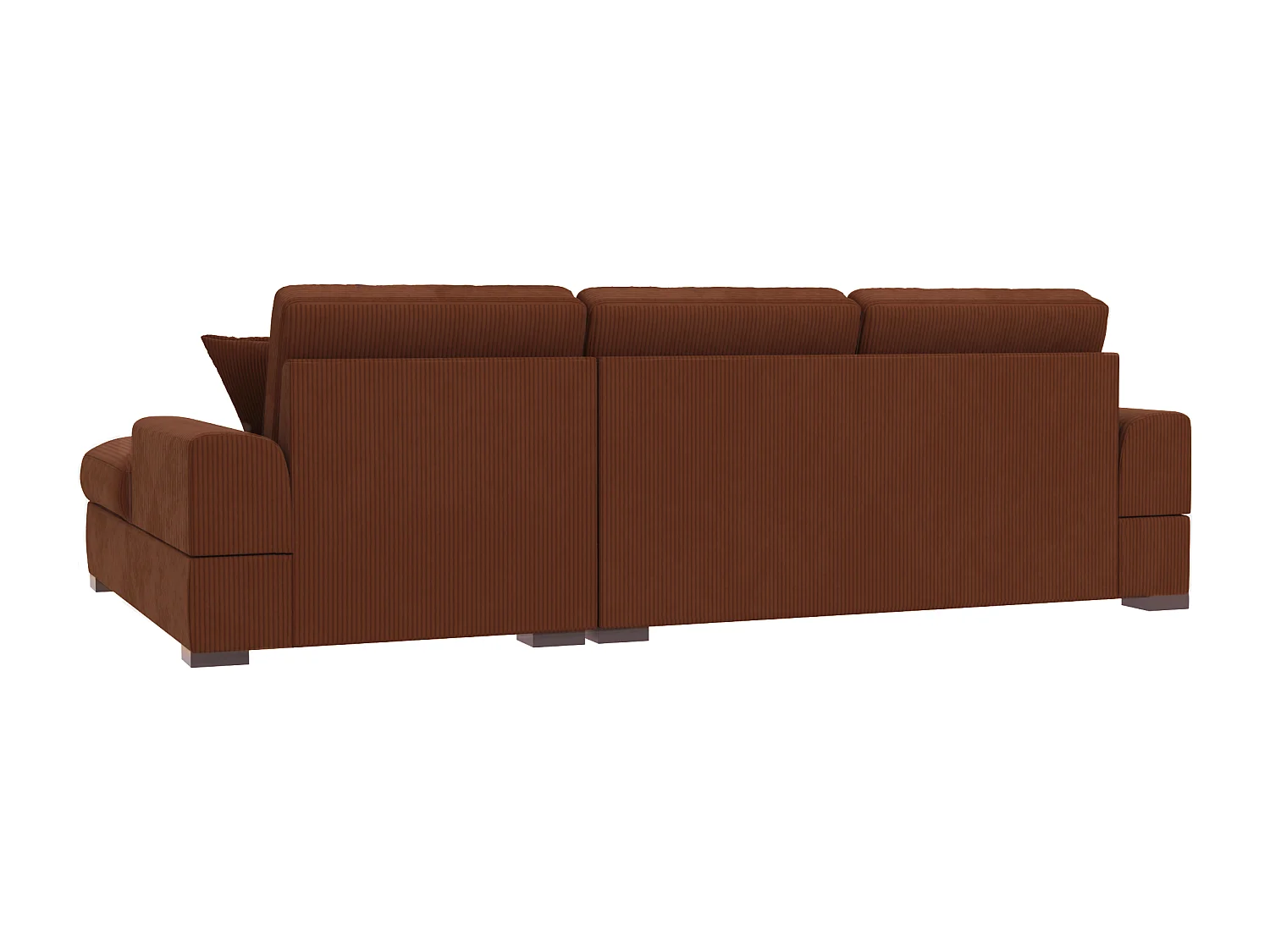 Canapé d’angle avec fonction lit en tissu côtelé terracotta, offrant un confort d’assise agréable, avec pieds en bois noir INGA