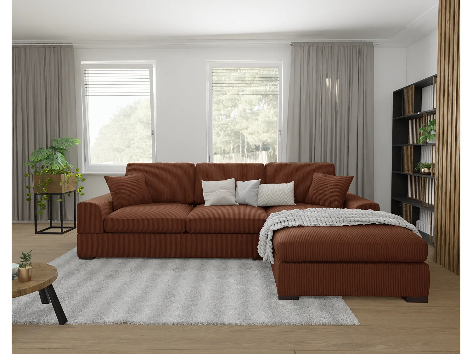 Canapé d’angle avec fonction lit en tissu côtelé terracotta, offrant un confort d’assise agréable, avec pieds en bois noir INGA