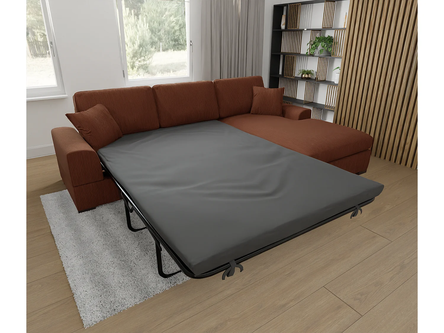 Canapé d’angle avec fonction lit en tissu côtelé terracotta, offrant un confort d’assise agréable, avec pieds en bois noir INGA