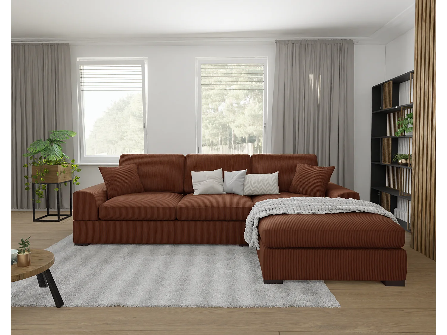 Canapé d’angle avec fonction lit en tissu côtelé terracotta, offrant un confort d’assise agréable, avec pieds en bois noir INGA