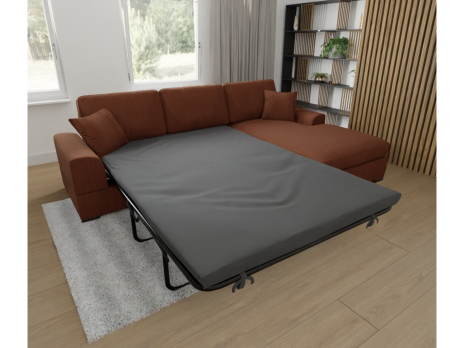 Canapé d’angle avec fonction lit en tissu côtelé terracotta, offrant un confort d’assise agréable, avec pieds en bois noir INGA