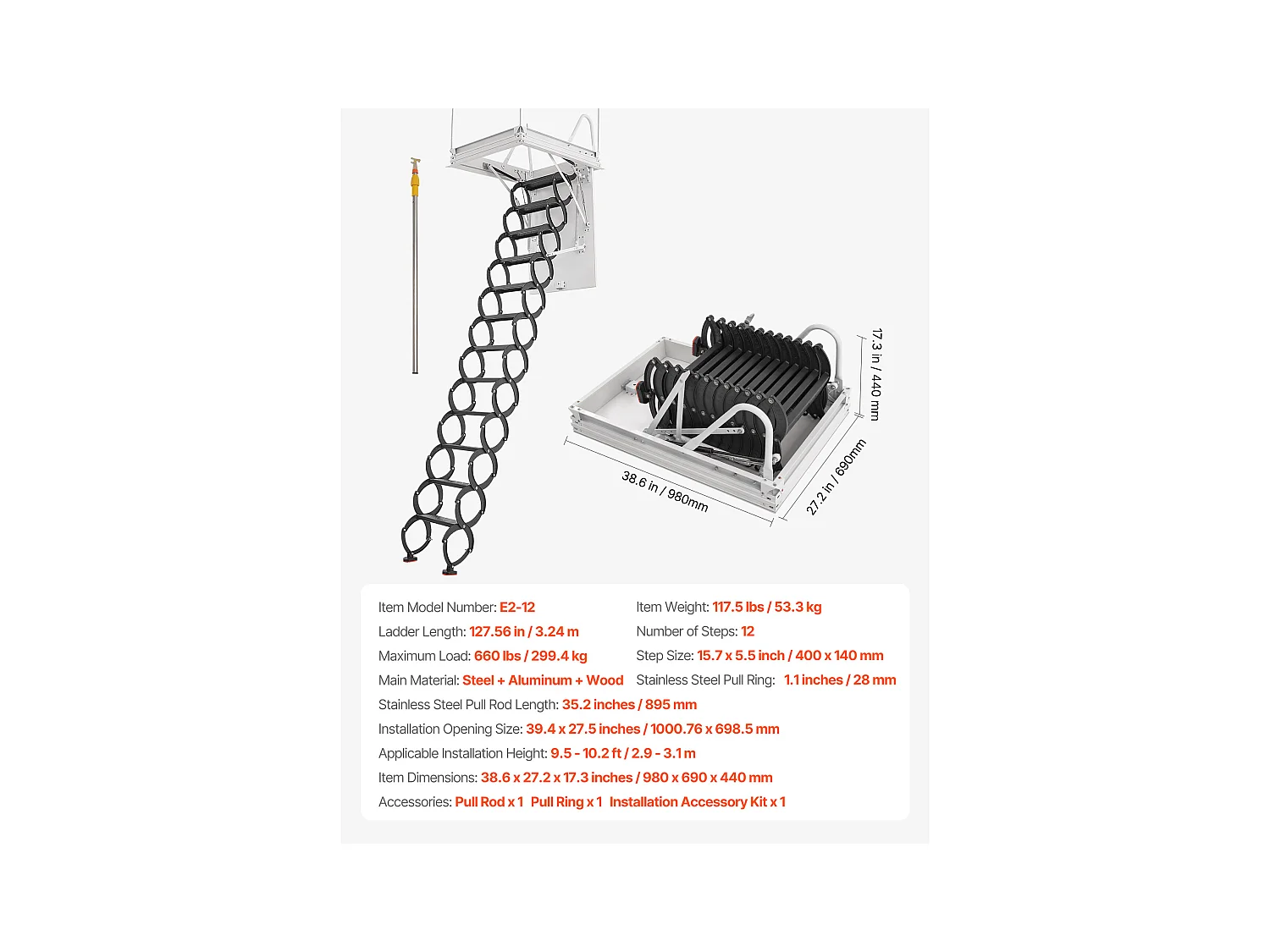 Échelle SucceBuy de Grenier Rétractable, Capacité de Charge 299,4 kg, Adaptée pour une Hauteur d'Installation de 2,9 à 3,1 m, Ouverture 100 x 69.85 cm