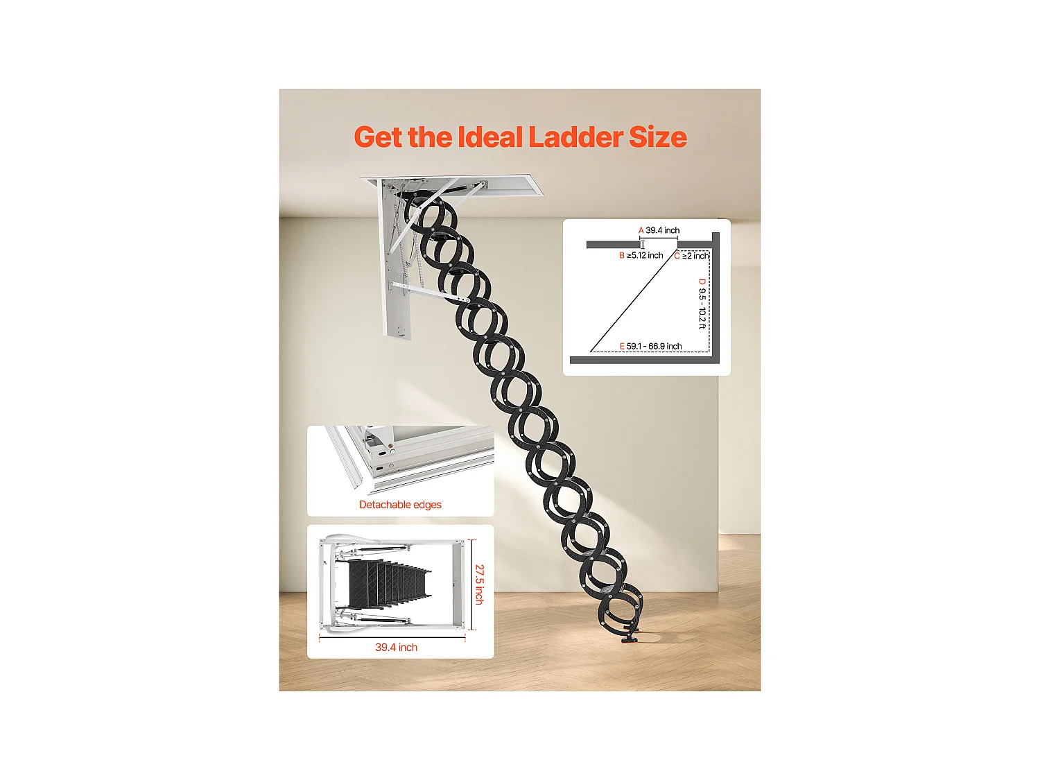 Échelle SucceBuy de Grenier Rétractable, Capacité de Charge 299,4 kg, Adaptée pour une Hauteur d'Installation de 2,9 à 3,1 m, Ouverture 100 x 69.85 cm