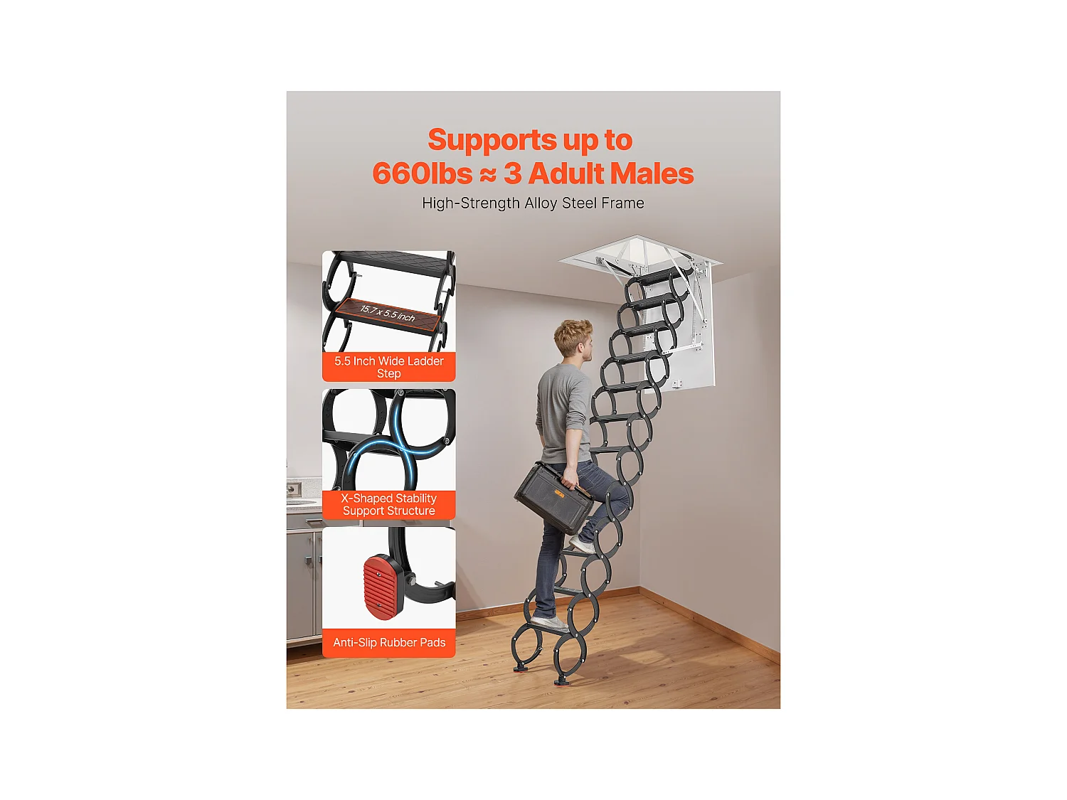 Échelle SucceBuy de Grenier Rétractable, Capacité de Charge 299,4 kg, Adaptée pour une Hauteur d'Installation de 2,9 à 3,1 m, Ouverture 100 x 69.85 cm