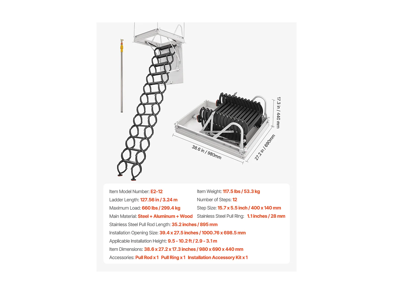 Échelle SucceBuy de Grenier Rétractable, Capacité de Charge 299,4 kg, Adaptée pour une Hauteur d'Installation de 2,9 à 3,1 m, Ouverture 100 x 69.85 cm