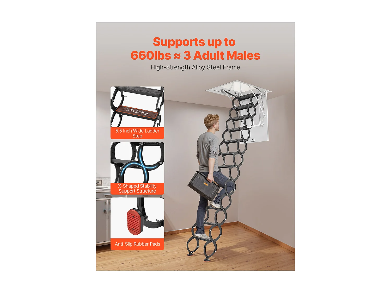 Échelle SucceBuy de Grenier Rétractable, Capacité de Charge 299,4 kg, Adaptée pour une Hauteur d'Installation de 2,9 à 3,1 m, Ouverture 100 x 69.85 cm