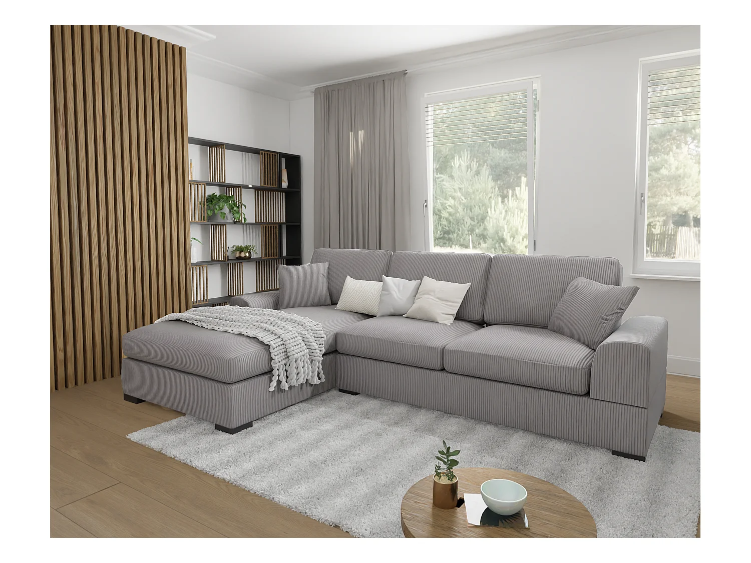 Canapé d’angle avec fonction lit en tissu côtelé gris clair, offrant un confort d’assise agréable, avec pieds en bois noir INGA