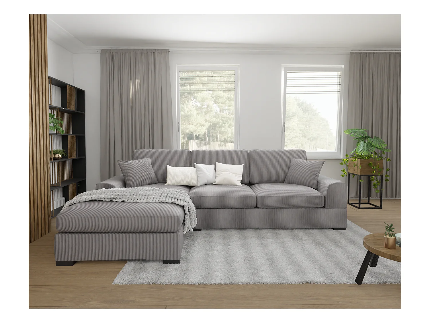 Canapé d’angle avec fonction lit en tissu côtelé gris clair, offrant un confort d’assise agréable, avec pieds en bois noir INGA