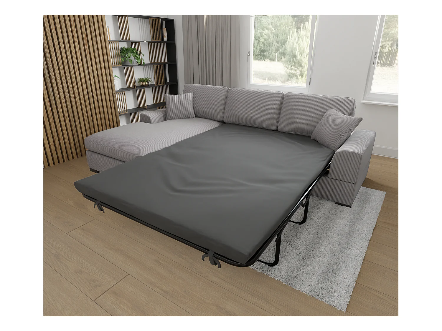 Canapé d’angle avec fonction lit en tissu côtelé gris clair, offrant un confort d’assise agréable, avec pieds en bois noir INGA