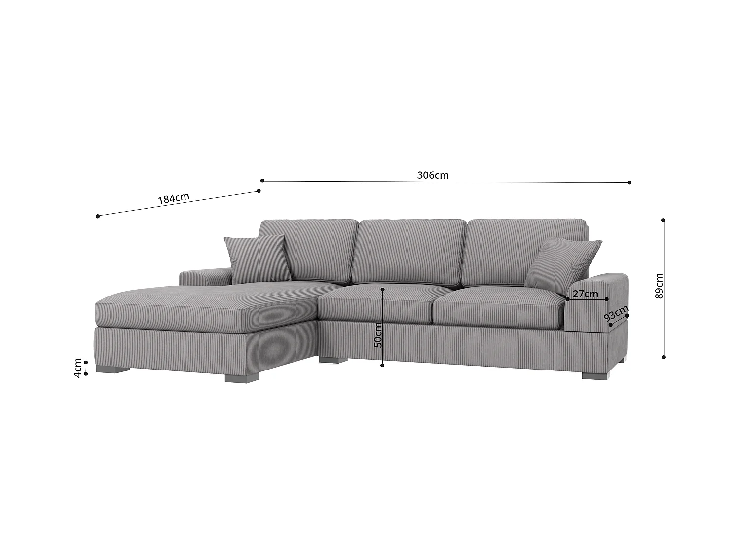 Canapé d’angle avec fonction lit en tissu côtelé gris clair, offrant un confort d’assise agréable, avec pieds en bois noir INGA